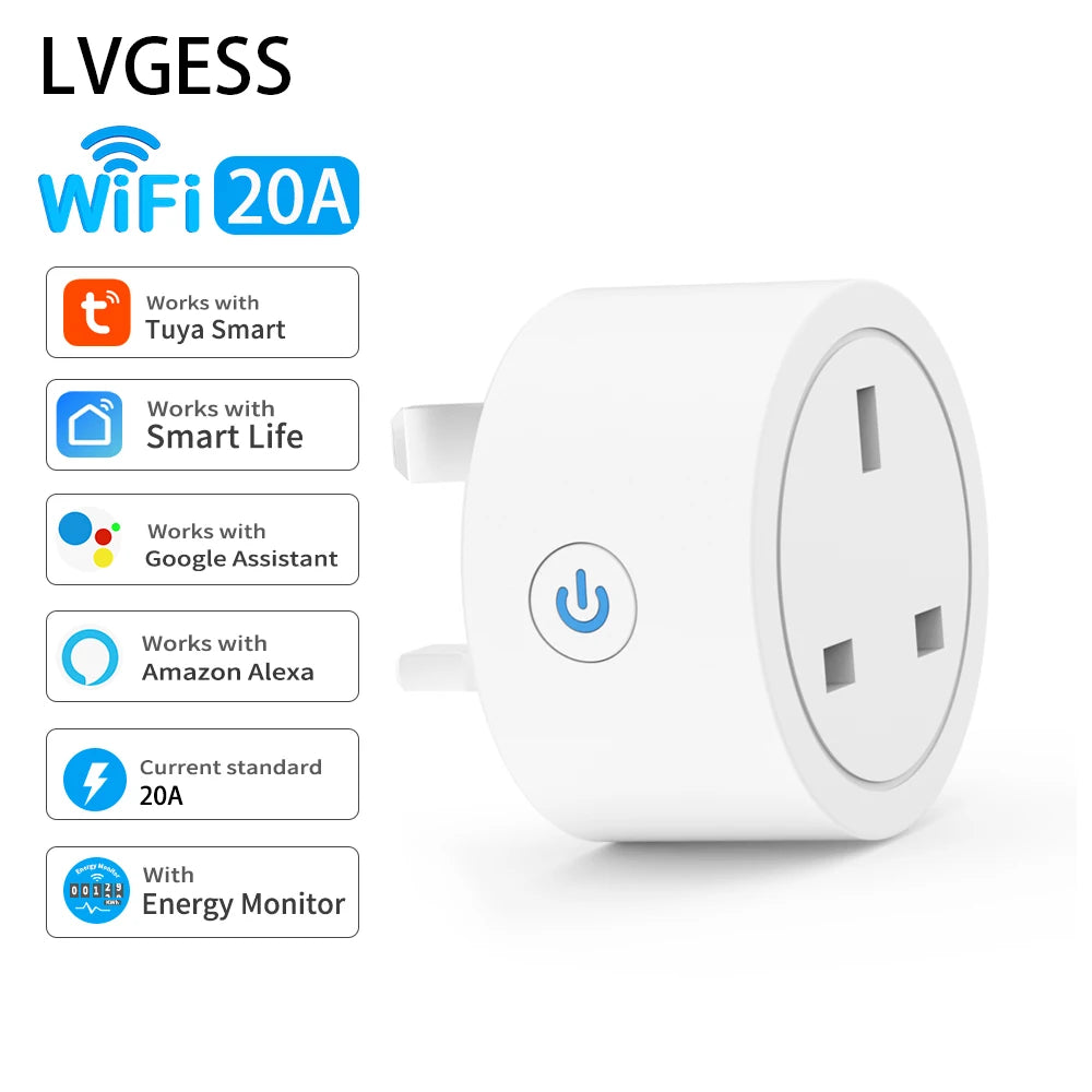 20A Tuya Smart Socket WiFi UK Plug 3pin Adapter Home Alexa Voice Control With Energy Monitering Timer Function Power Outlet Set